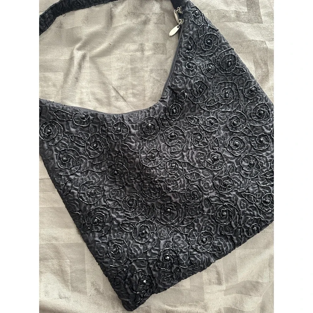 VTG Y2K Beaded Hobo Shoulder Bag Black Floral Boho Purse Embroidered Evening